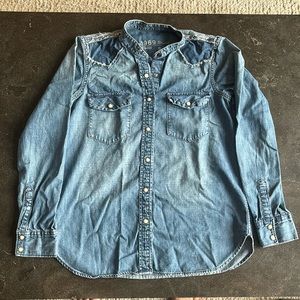 GAP 1969 denim button down shirt with frayed seam details